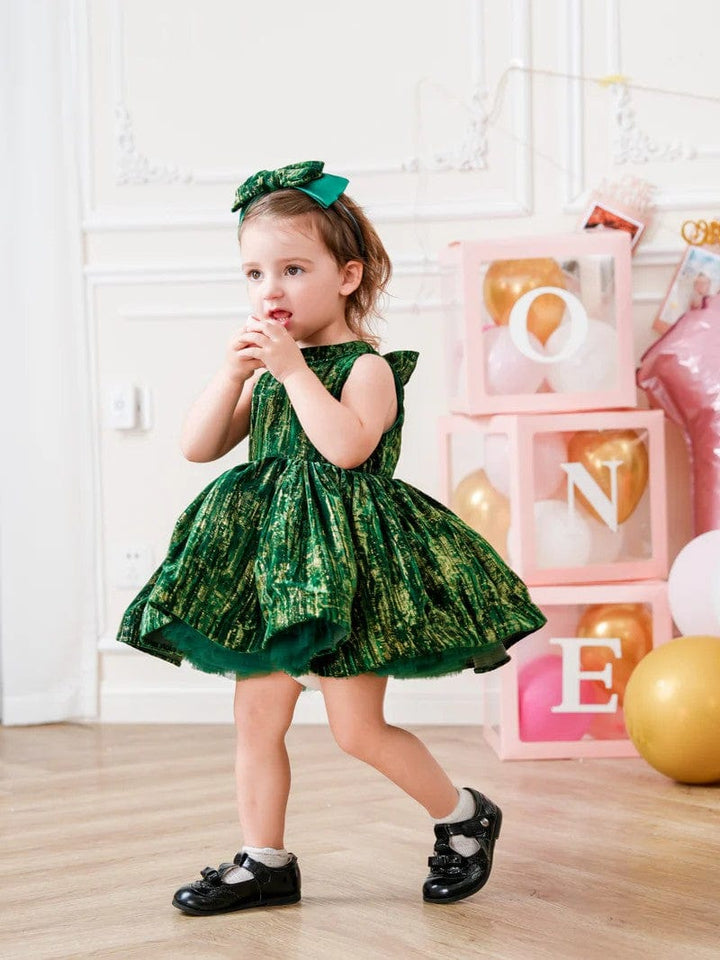 Sunnypetal Dark Green Sleeveless Velvet Birthday Princess Toddler Girl Dress