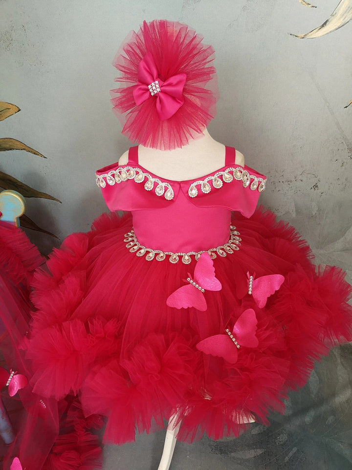 Sunnypetal Dark Pink Off-Shoulder Baby Toddler Girl Dresses with Crystal&3D Butterfly