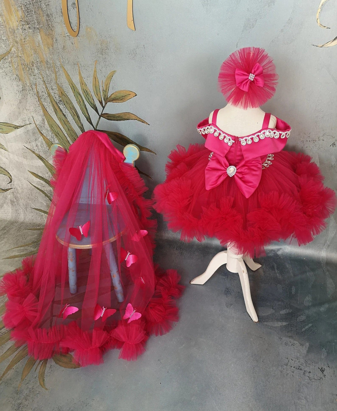 Sunnypetal Dark Pink Off-Shoulder Baby Toddler Girl Dresses with Crystal&3D Butterfly