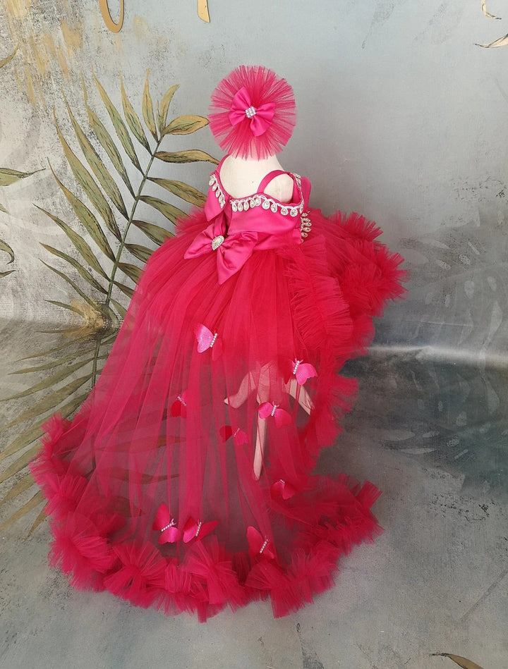 Sunnypetal Dark Pink Off-Shoulder Baby Toddler Girl Dresses with Crystal&3D Butterfly