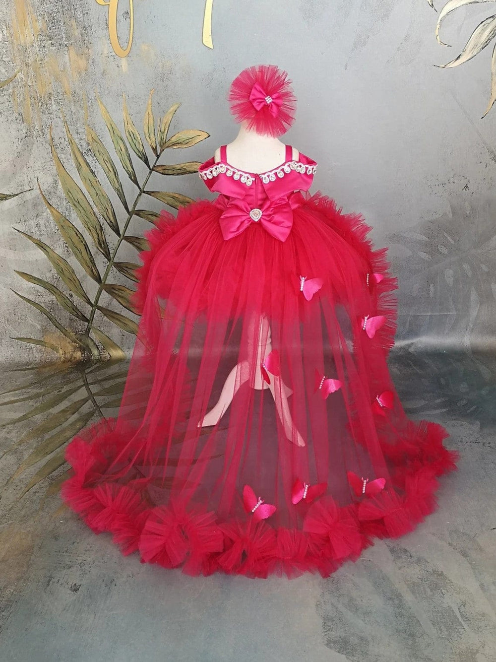 Sunnypetal Dark Pink Off-Shoulder Baby Toddler Girl Dresses with Crystal&3D Butterfly