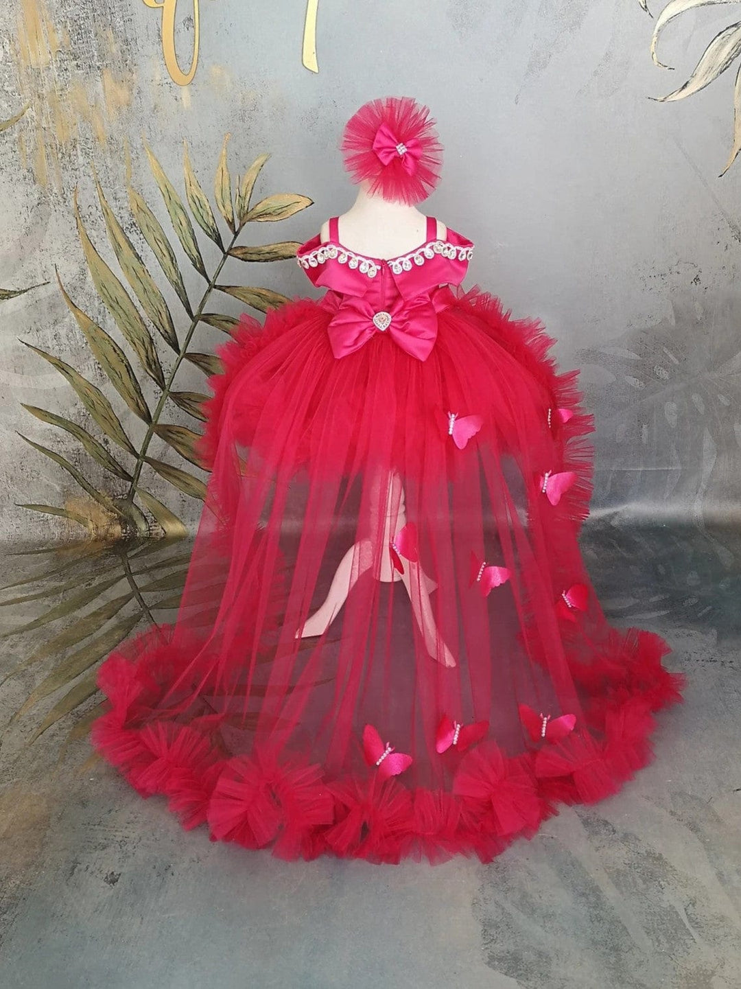 Sunnypetal Dark Pink Off-Shoulder Baby Toddler Girl Dresses with Crystal&3D Butterfly