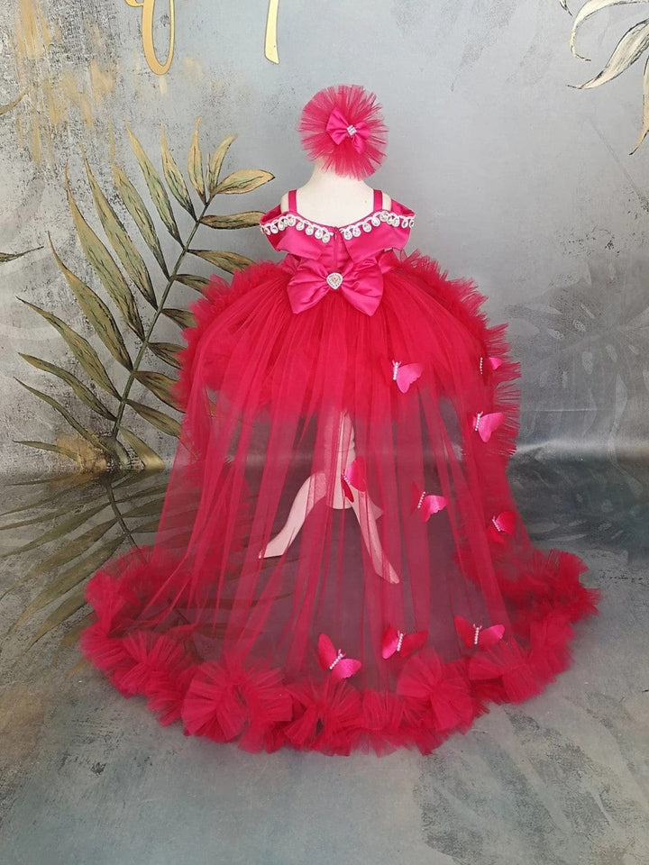 Sunnypetal Dark Pink Off-Shoulder Baby Toddler Girl Dresses with Crystal&3D Butterfly