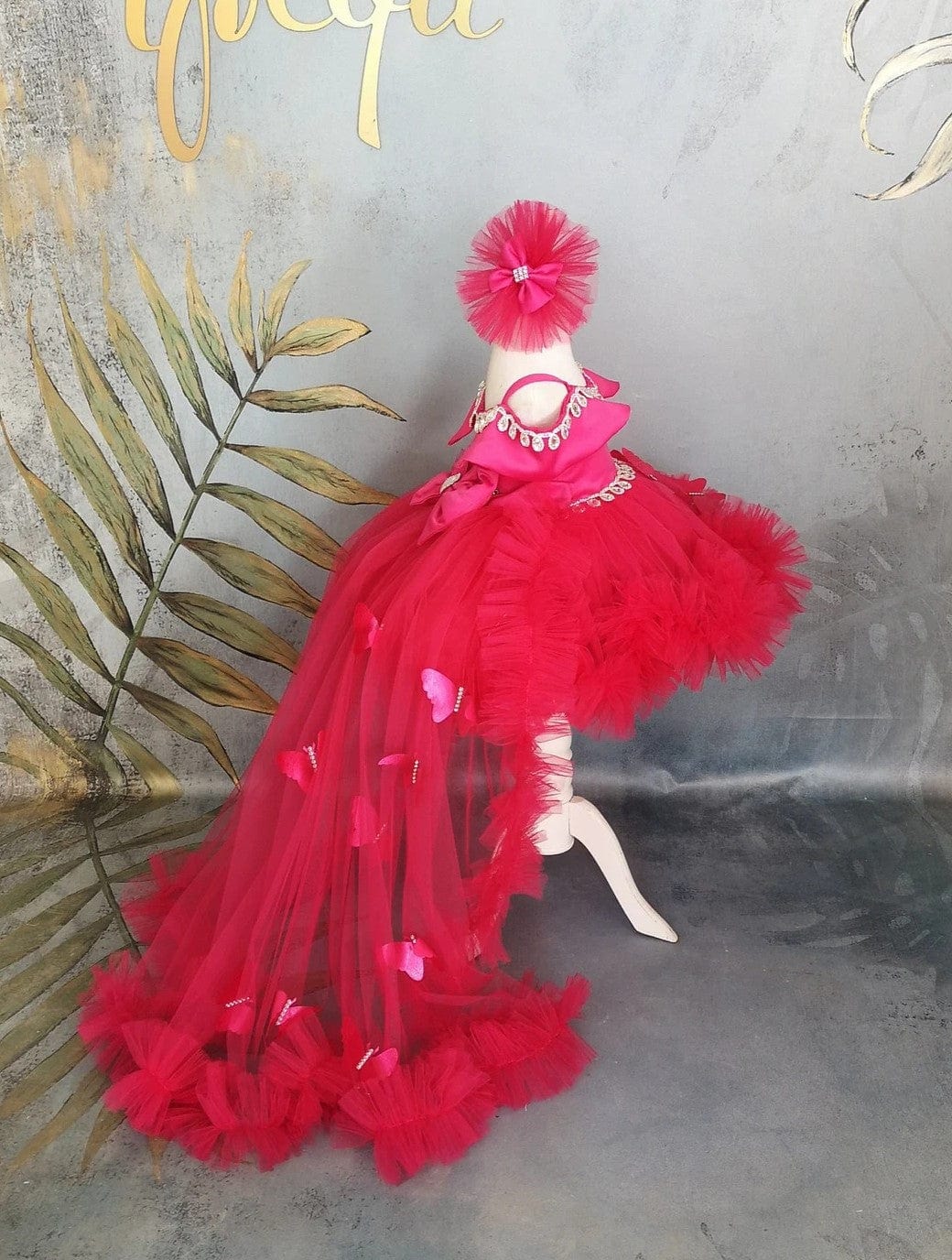 Sunnypetal Dark Pink Off-Shoulder Baby Toddler Girl Dresses with Crystal&3D Butterfly