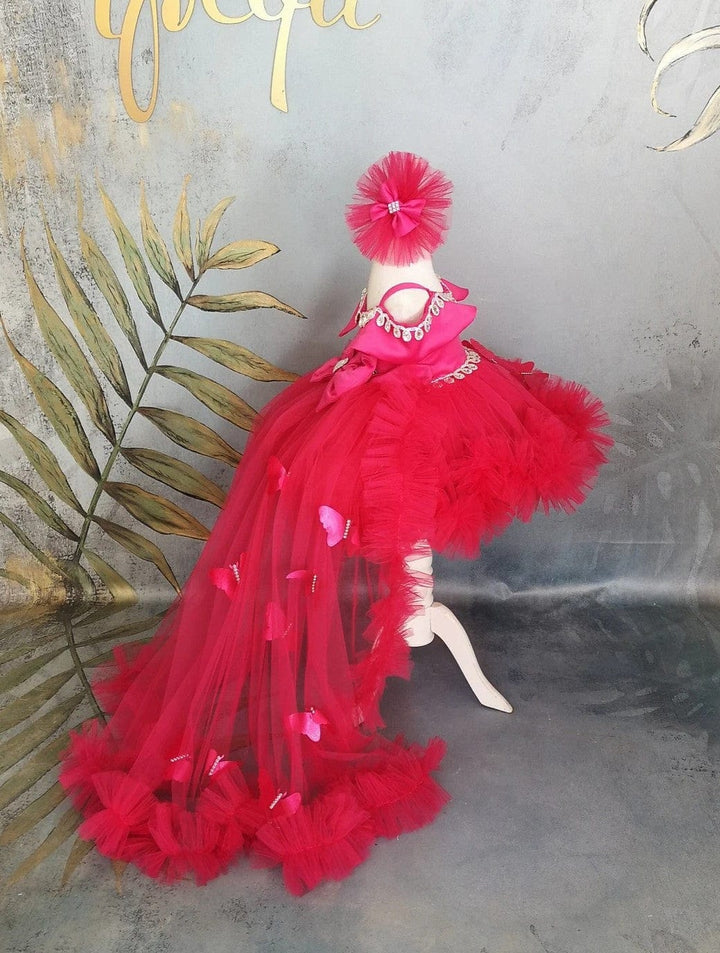 Sunnypetal Dark Pink Off-Shoulder Baby Toddler Girl Dresses with Crystal&3D Butterfly