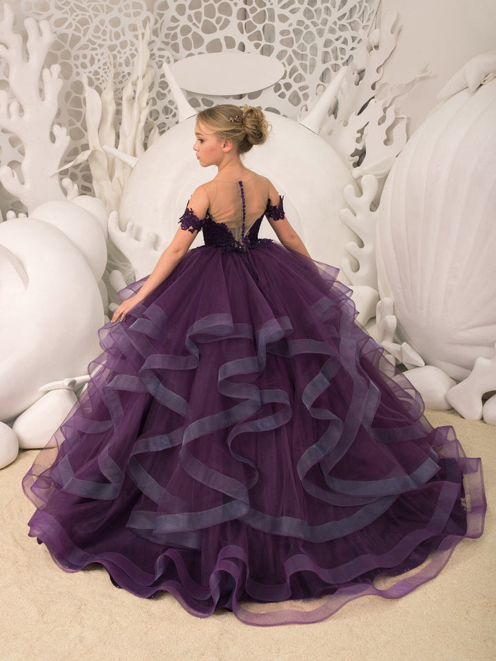 Sunnypetal Dark Purple Puffy Tulle Flower Girl Dress Off-The-Shoulder Beading Sequins Pageant Gown