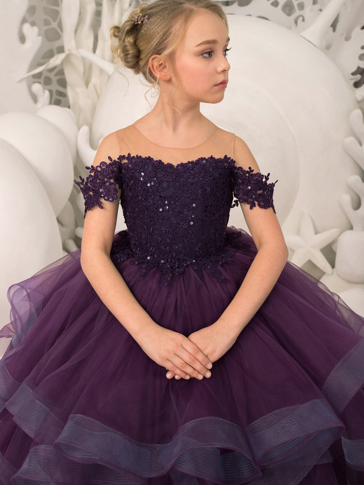 Sunnypetal Dark Purple Puffy Tulle Flower Girl Dress Off-The-Shoulder Beading Sequins Pageant Gown