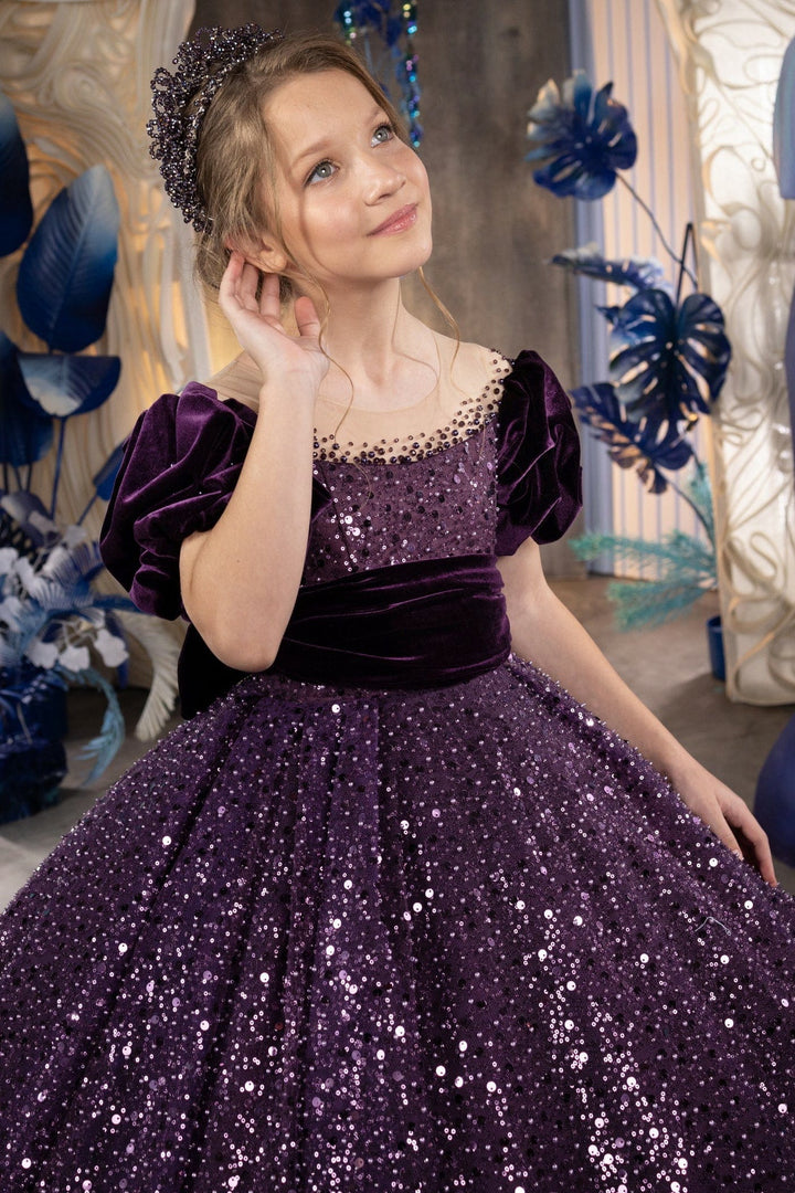 Sunnypetal Deep Purple Sequins Flower Girl Dresses with Velvet Puff Sleeves/Bow
