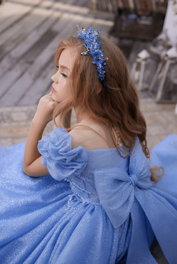 Sunnypetal Dreamy Glitter Tulle Flower Girl Ball Gown with Pleated Sleeves & Sweetheart Neckline
