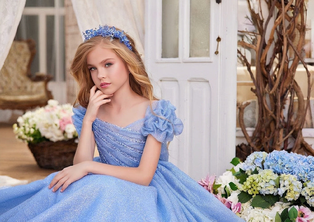 Sunnypetal Dreamy Glitter Tulle Flower Girl Ball Gown with Pleated Sleeves & Sweetheart Neckline