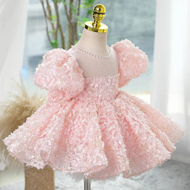 Sunnypetal Dreamy Light Pink Lace Floral Pearls Ball-Gown Flower Girl Dresses