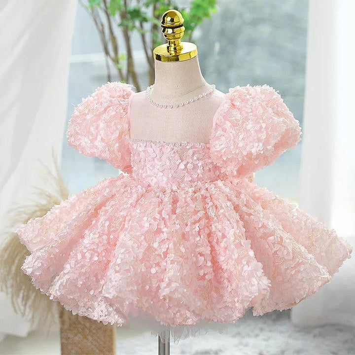 Sunnypetal Dreamy Light Pink Lace Floral Pearls Ball-Gown Flower Girl Dresses