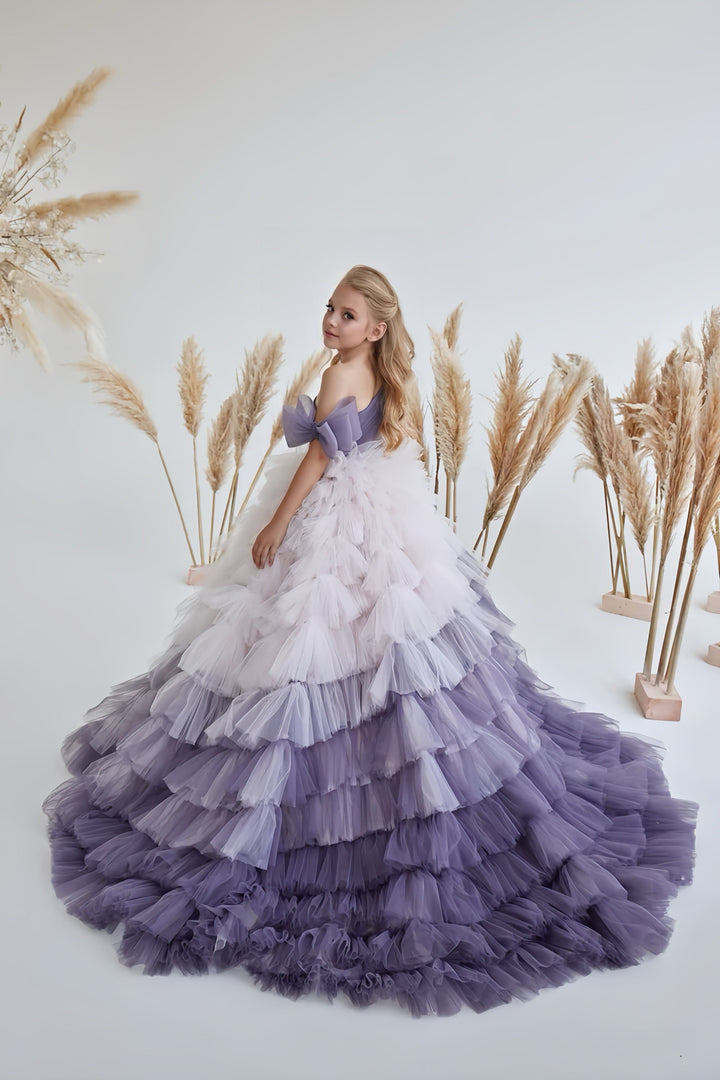 Sunnypetal Dreamy Ombre Off-Shoulder Ruffled Tulle Flower Girl Gown