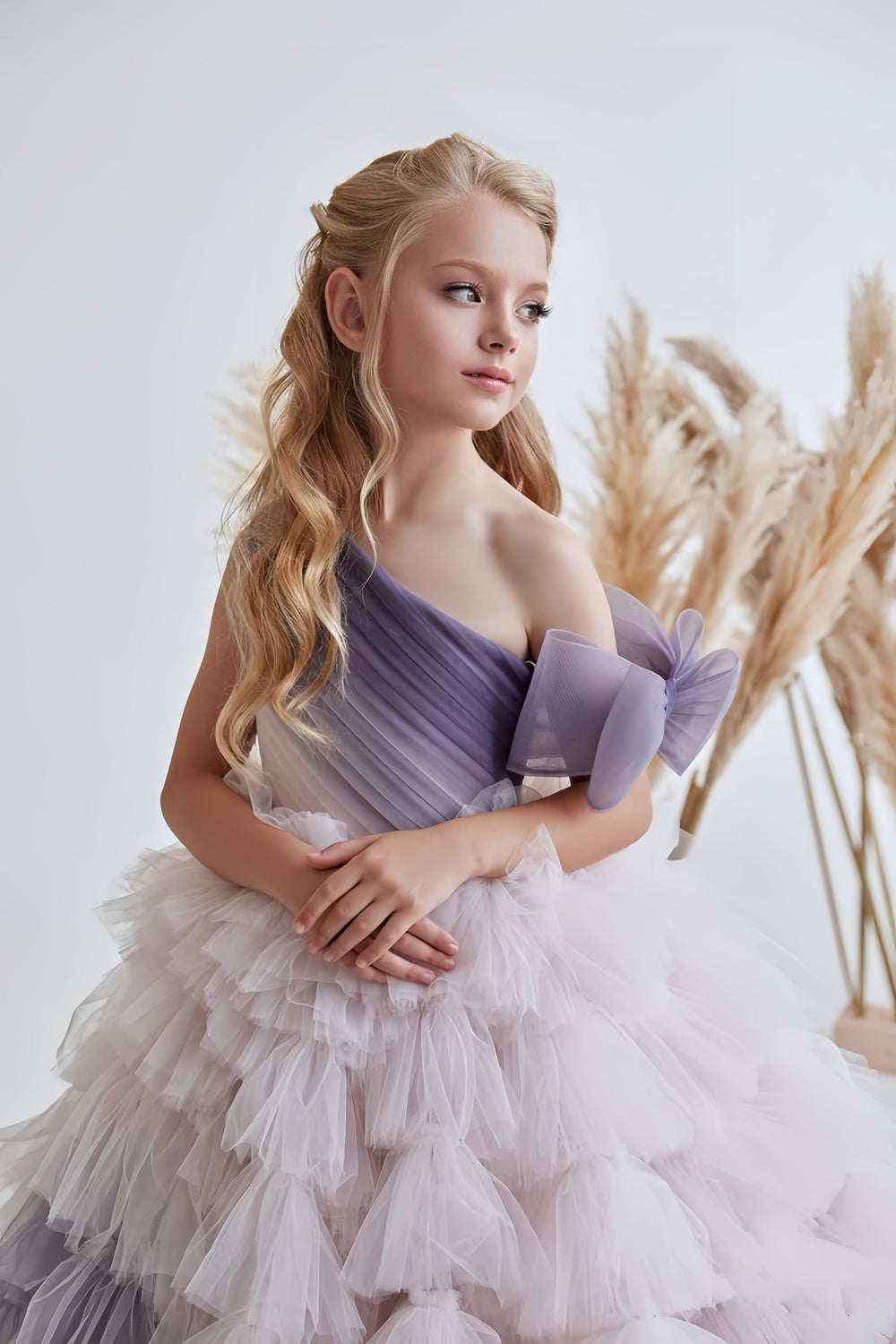 Sunnypetal Dreamy Ombre Off-Shoulder Ruffled Tulle Flower Girl Gown