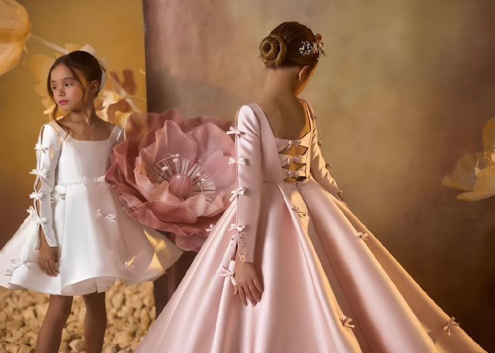 Sunnypetal Dreamy Pink and Charming Ivory Flower Girl Gown with Bows/Beading