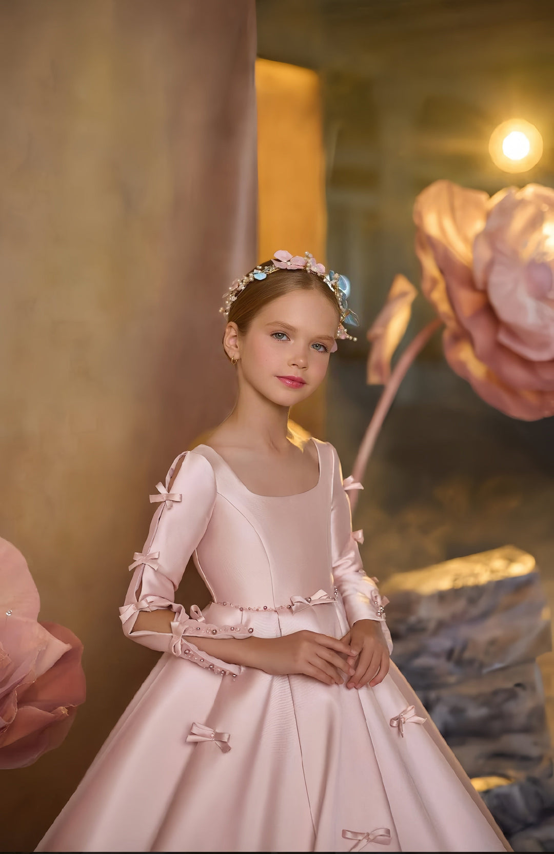 Sunnypetal Dreamy Pink and Charming Ivory Flower Girl Gown with Bows/Beading