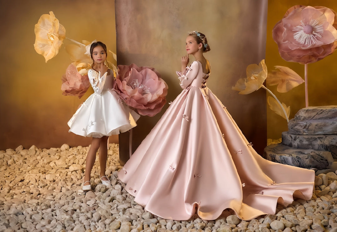 Sunnypetal Dreamy Pink and Charming Ivory Flower Girl Gown with Bows/Beading