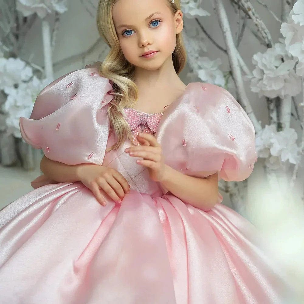 Sunnypetal Dreamy Pink Puffy Sleeve Satin Knee-Length Flower Girl Dresses with Bow