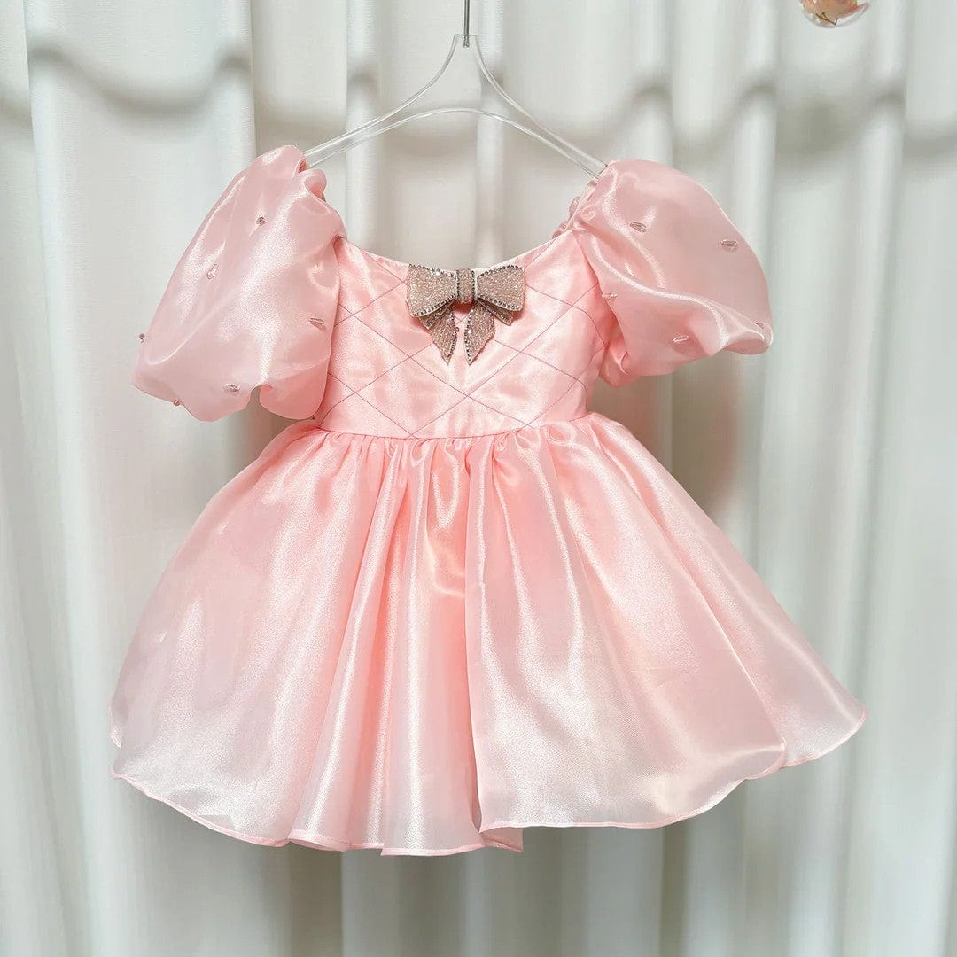 Sunnypetal Dreamy Pink Puffy Sleeve Satin Knee-Length Flower Girl Dresses with Bow