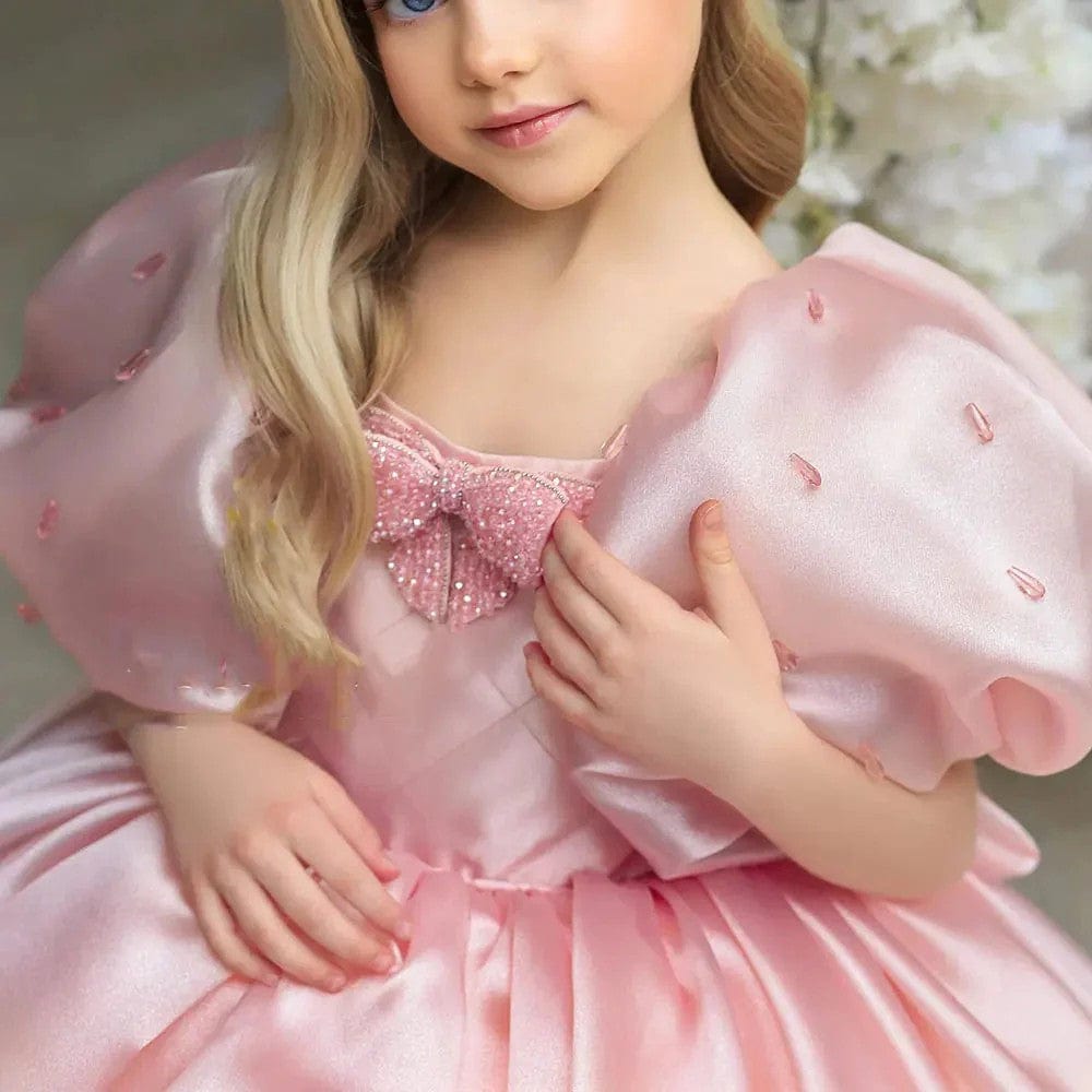 Sunnypetal Dreamy Pink Puffy Sleeve Satin Knee-Length Flower Girl Dresses with Bow