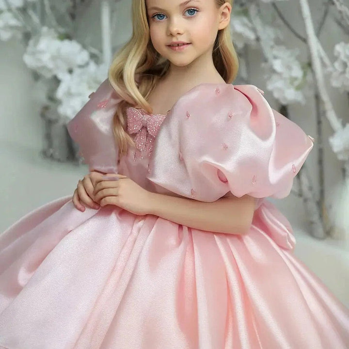 Sunnypetal Dreamy Pink Puffy Sleeve Satin Knee-Length Flower Girl Dresses with Bow