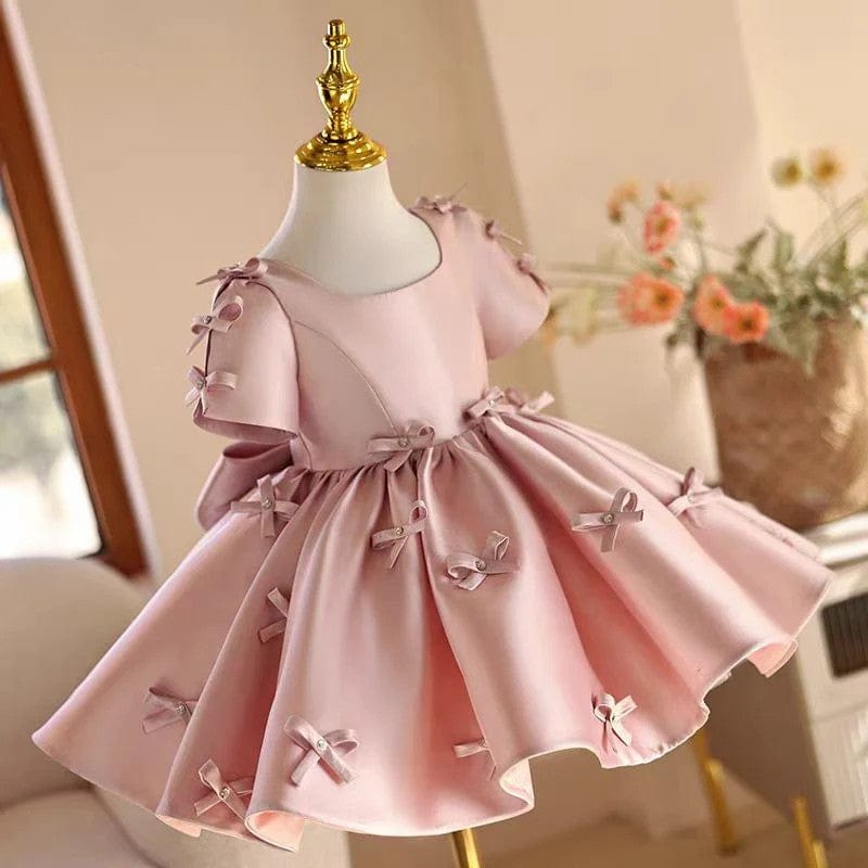 Sunnypetal Dreamy Pink Satin Bows Flower Girl Dress Birthday Party Knee-Length Ball Gown