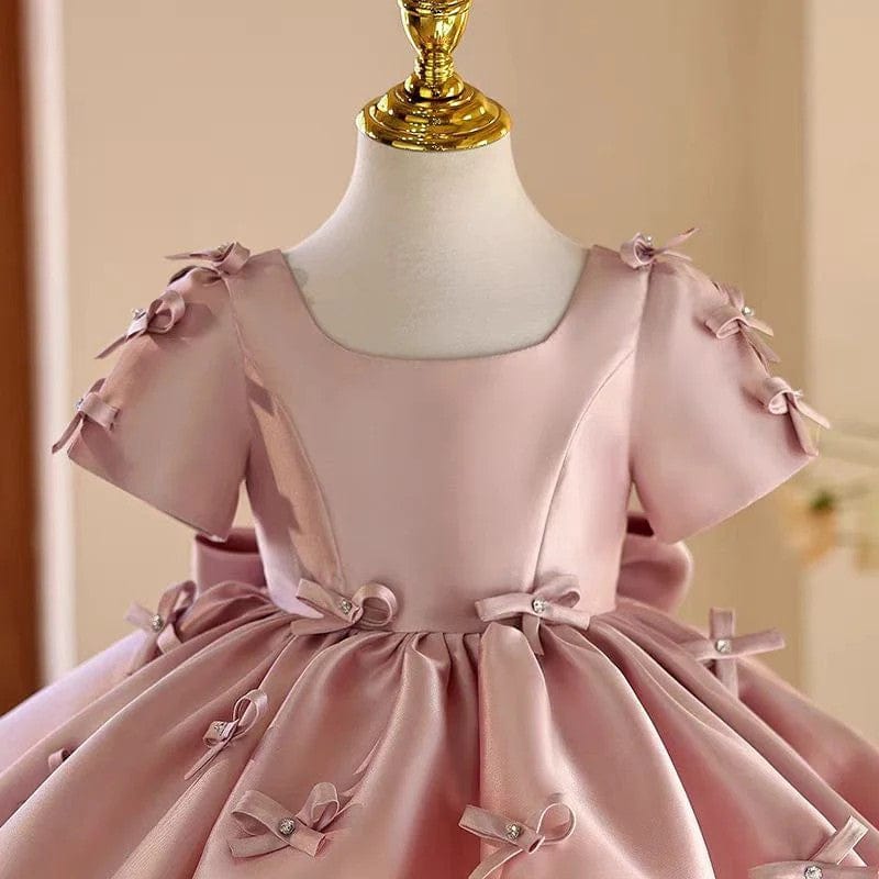 Sunnypetal Dreamy Pink Satin Bows Flower Girl Dress Birthday Party Knee-Length Ball Gown