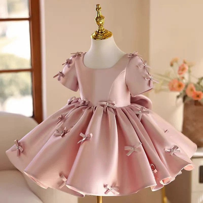 Sunnypetal Dreamy Pink Satin Bows Flower Girl Dress Birthday Party Knee-Length Ball Gown