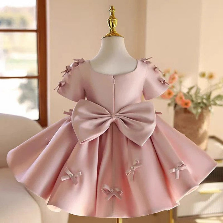 Sunnypetal Dreamy Pink Satin Bows Flower Girl Dress Birthday Party Knee-Length Ball Gown