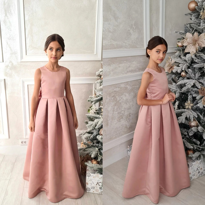 Sunnypetal Dusty Rose V Back Satin Flower Girl Dresses with Removable Tulle Long Train