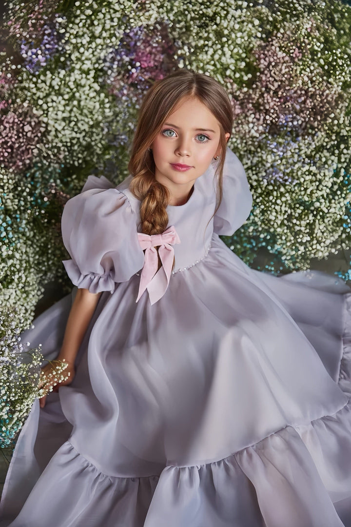 Sunnypetal Elegant Ankle-Length Puff Sleeves Flower Girl Dresses with Big Bow