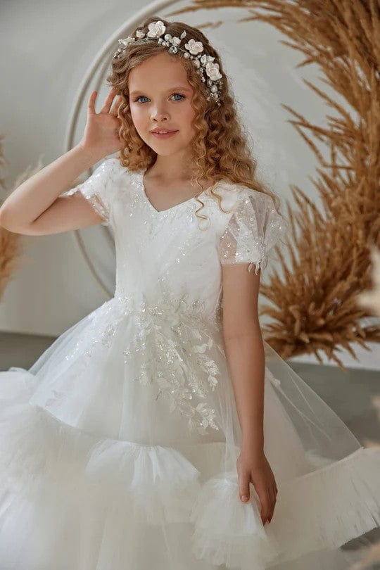 Sunnypetal Elegant Appliques Sequins Tiered Ruffle Floor-Length Flower Girl Dress
