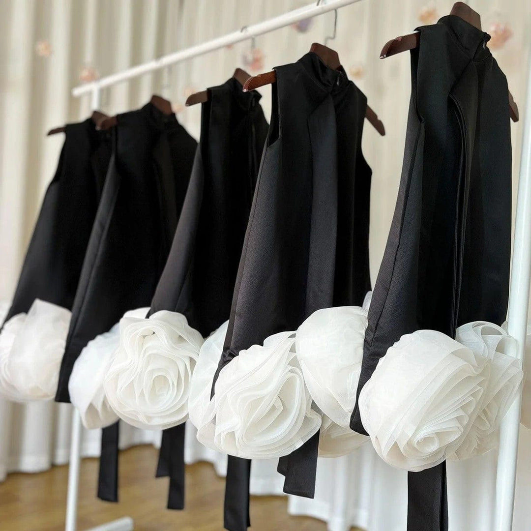 Sunnypetal Elegant Arabic White Black Girl Dress Flowers Fashion Prom Evening Gown