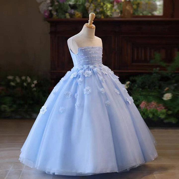 Sunnypetal Elegant Blue Sleeveless Floral Applique Beading Flower Girl Dress