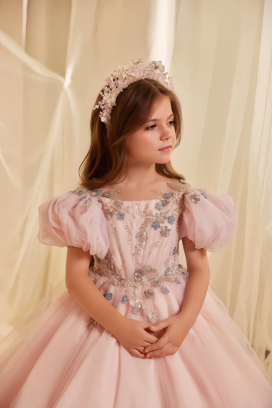 Sunnypetal Elegant Blush Pink Puff Sleeve Embroidered Tulle Flower Girl Dress