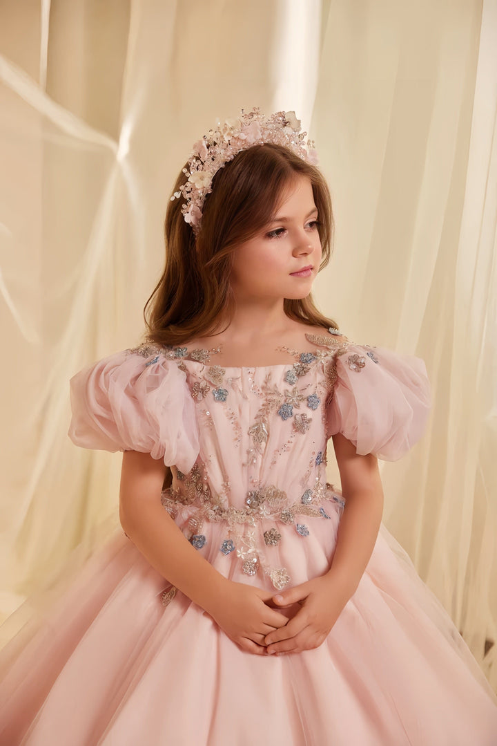 Sunnypetal Elegant Blush Pink Puff Sleeve Embroidered Tulle Flower Girl Dress