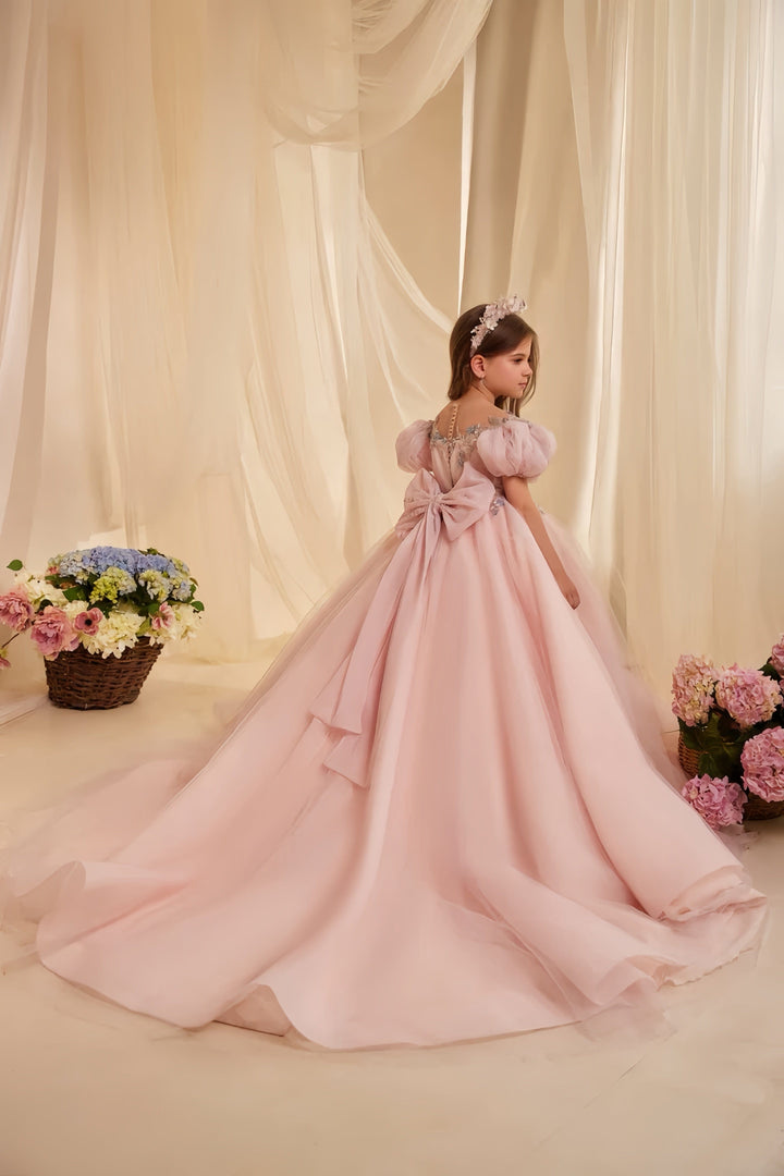 Sunnypetal Elegant Blush Pink Puff Sleeve Embroidered Tulle Flower Girl Dress