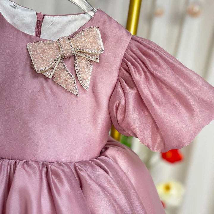 Sunnypetal Elegant Dusty Rose Flower Girl Dress Birthday Princess Dress with Bow
