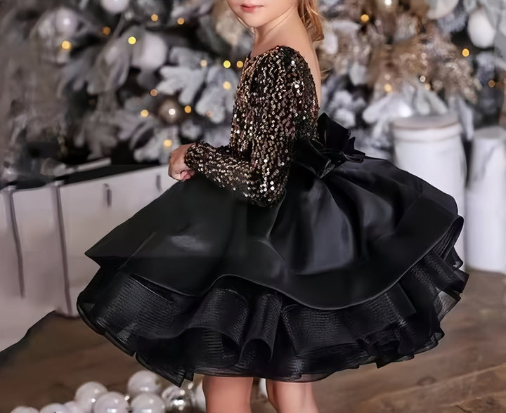 Sunnypetal Elegant Gold Sequins Black Flower Girl Dress Long Sleeves Ruffles Party Gown