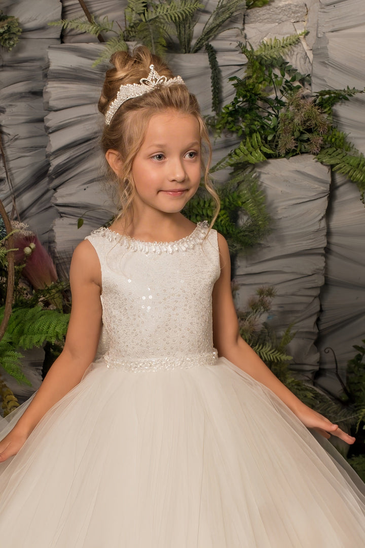 Sunnypetal Elegant Ivory Flower Girl Dresses for Wedding First Communion Ball-Gown
