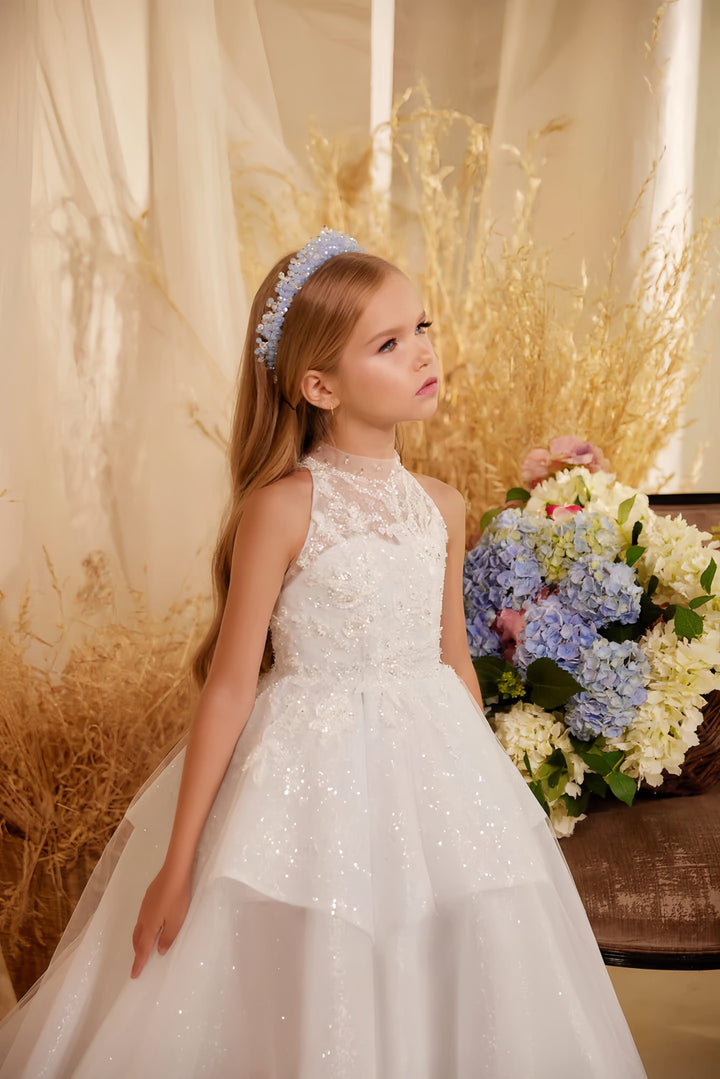 Sunnypetal Elegant Lace Tulle Ball Gown Flower Girl Dress with Floral Appliques and Sequin Details