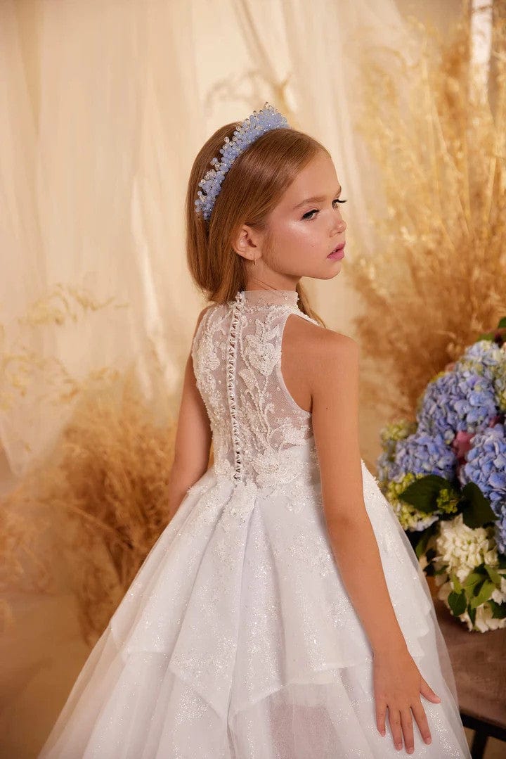 Sunnypetal Elegant Lace Tulle Ball Gown Flower Girl Dress with Floral Appliques and Sequin Details