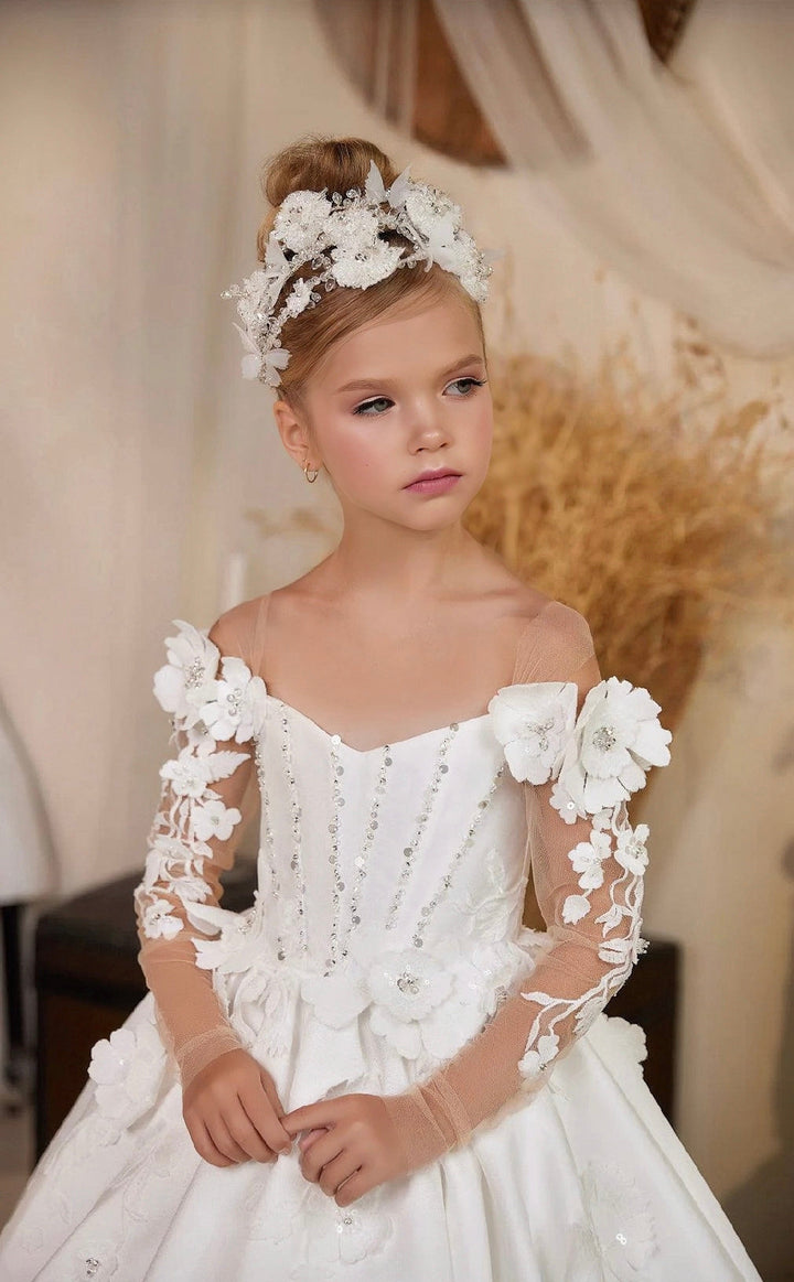 Sunnypetal Elegant Long Sleeve Tulle Flowers Long Princess Satin Flower Girl Dresses