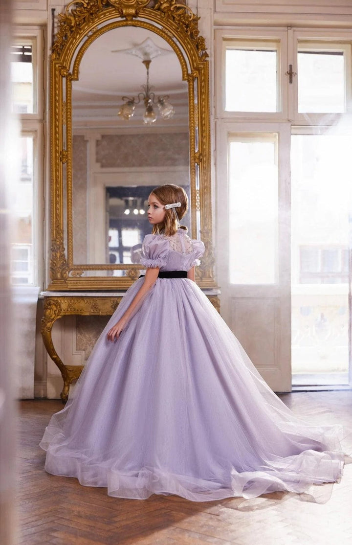 Sunnypetal Elegant Long Tulle Ball Gown Flower Girl Dresses with Puff Sleeves/Bow