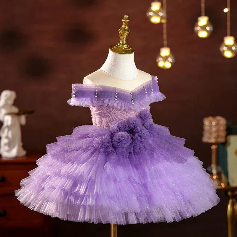 Sunnypetal Elegant Off-Shoulder Purple Gradient Tulle Knee-Length Flower Girl Dresses