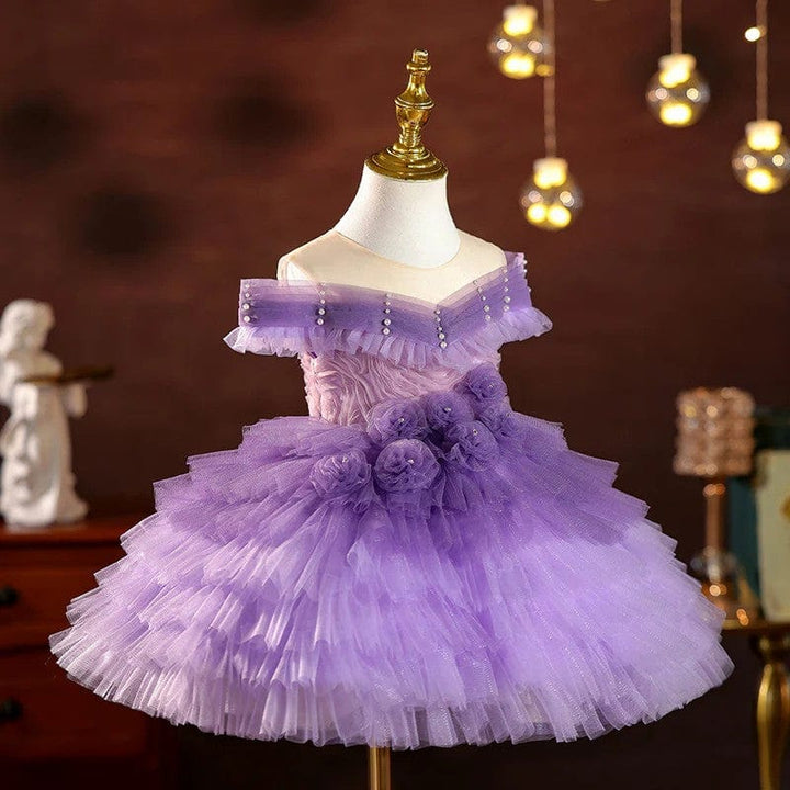 Sunnypetal Elegant Off-Shoulder Purple Gradient Tulle Knee-Length Flower Girl Dresses