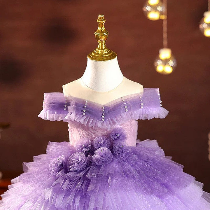 Sunnypetal Elegant Off-Shoulder Purple Gradient Tulle Knee-Length Flower Girl Dresses