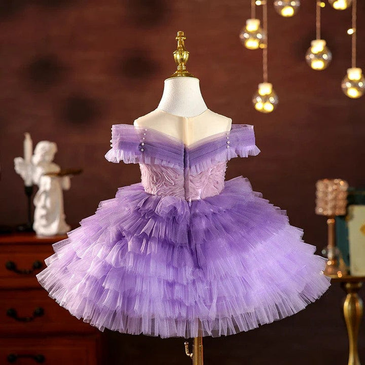 Sunnypetal Elegant Off-Shoulder Purple Gradient Tulle Knee-Length Flower Girl Dresses