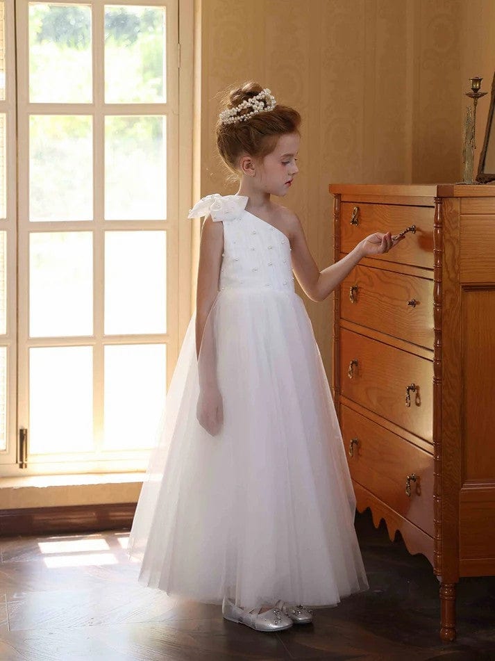 Sunnypetal Elegant One Shoulder Bow Ankle-Length Flower Girl Dresses