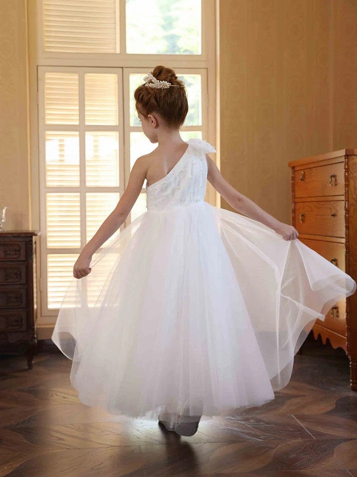 Sunnypetal Elegant One Shoulder Bow Ankle-Length Flower Girl Dresses